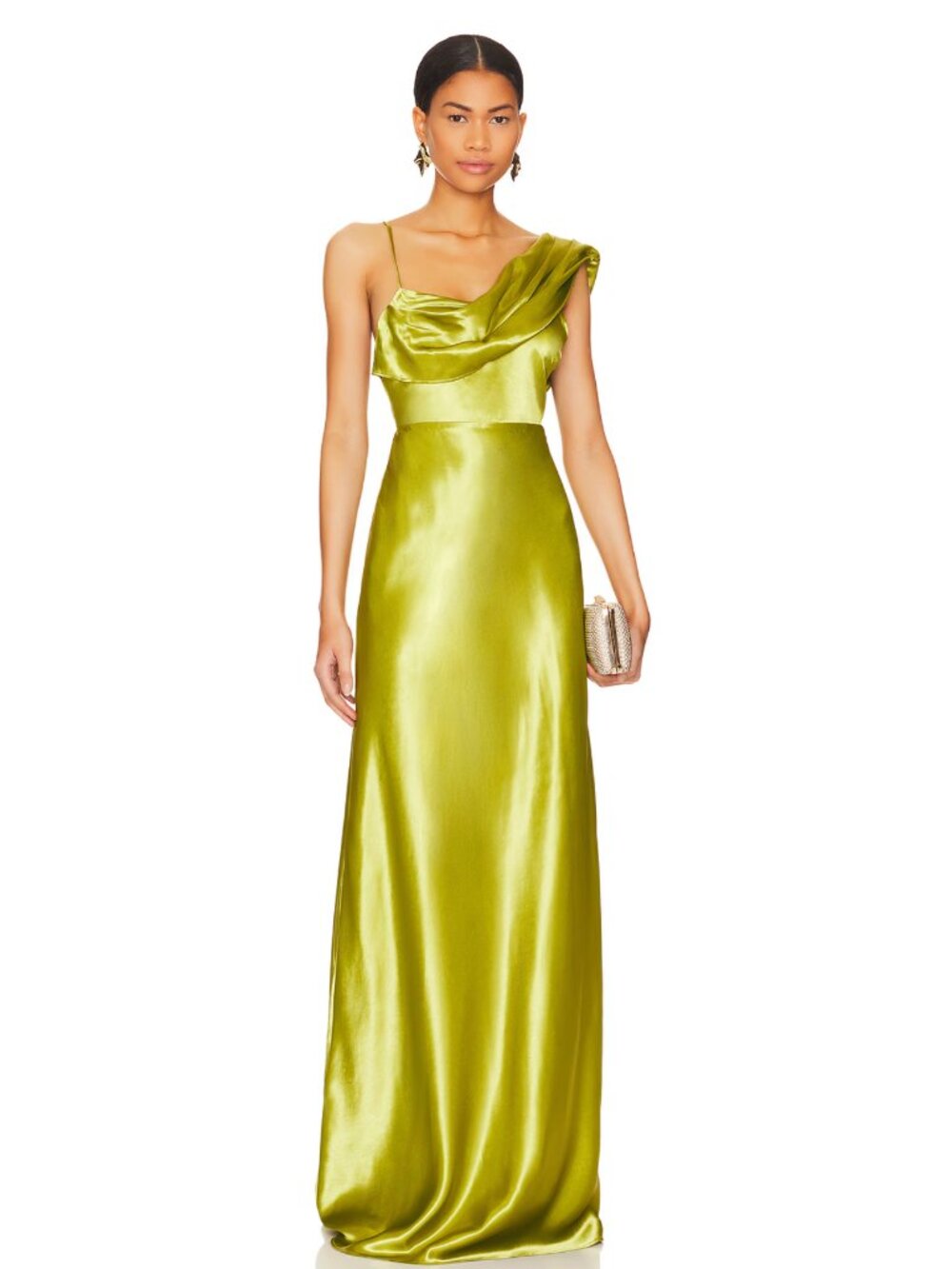 House of Harlow 1960 Olive Green Satin One-Shoulder Maxi Dress